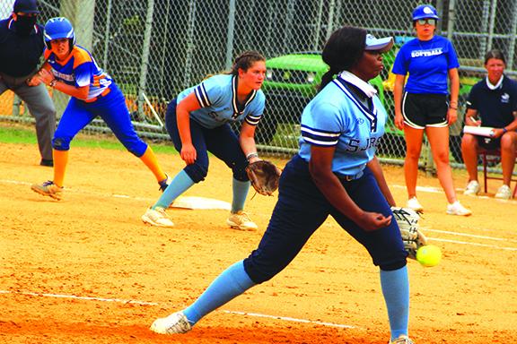 St. Johns River State pitcher Syhia Marks delivers a pitch during the first game of Thursday’s Mid-Florida Conference softball doubleheader against Florida State College-Jacksonville. Playing first base behind Marks is Maddie Houtz. (ANTHONY RICHARDS / Palatka Daily News)