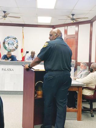Palatka Police Chief Jason Shaw reviews the department’s programs and budget requests at the city’s special-called meeting Thursday.