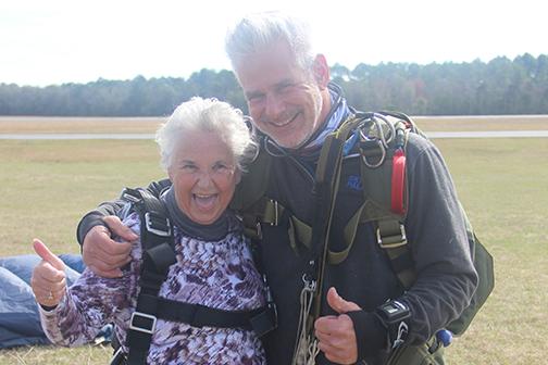 It's all smiles for Cindy Hurtado, who in January jumped out of a plane at Skydive Palatka to celebrate her 80th birthday. She's with Skydive Palatka owner Art Shaffer.