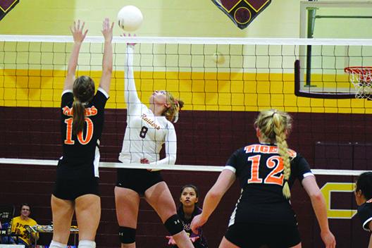 Crescent City’s Veronica Ramirez goes up for a kill in the Region 4-1A tournament against Trenton on Oct. 27. (MARK BLUMENTHAL / Palatka Daily News)