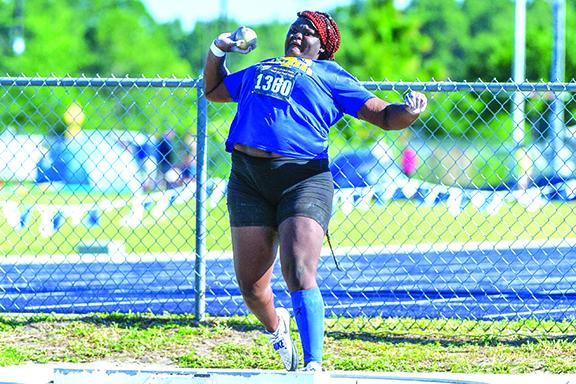 Palatka’s Torryence Poole unleashes a throw en route to winning the FHSAA 2A shot put championship on May 8 at the University of North Florida. (FRAN RUCHALSKI / Special To The Daily News)