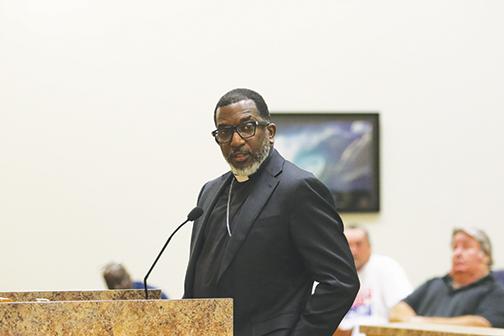 The Rev. Tommy Rodgers speaks to commissioners about why he opposes the Confederate monument.