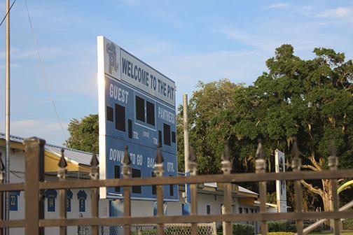 The scoreboard welcoming visitors to the Pit at Palatka's Veterans Memorial Stadium.