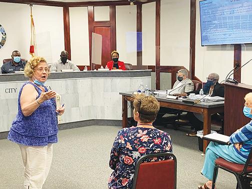 Former City Commissioner Allegra Kitchens speaks in favor of not selling numerous city buildings during a Palatka City Commission meeting Thursday evening.