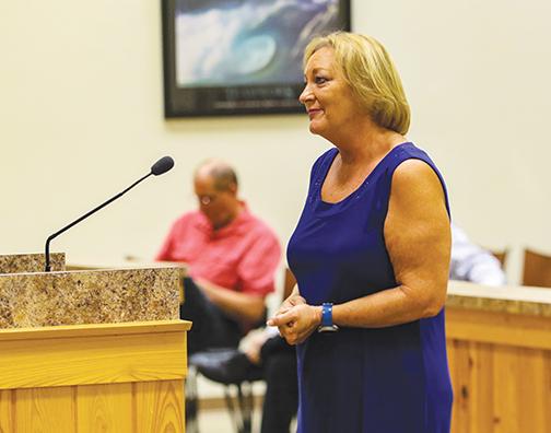 Lori Slaven, the executive director of Lee Conlee House, tells the Putnam County Board of Commissioners about the organization’s funding needs Tuesday.
