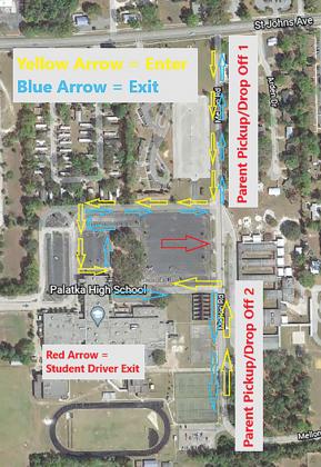 An aerial map of Palatka Junior-Senior High shows the two pickup and drop-off zones to help combat the school’s tardiness problem.