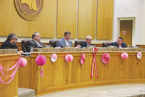 The Putnam County Board of Commissioners talks about biosolids during Tuesday’s meeting.