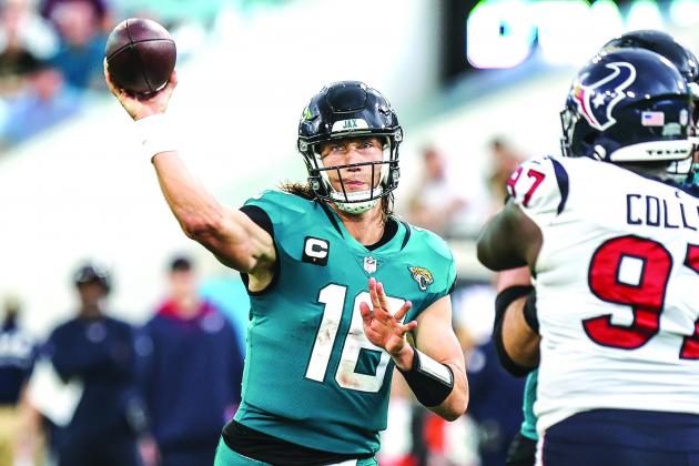 Jacksonville Jaguars quarterback Trevor Lawrence throws a pass against the Houston Texans. (JOHN STUDWELL / Special to the Daily News)