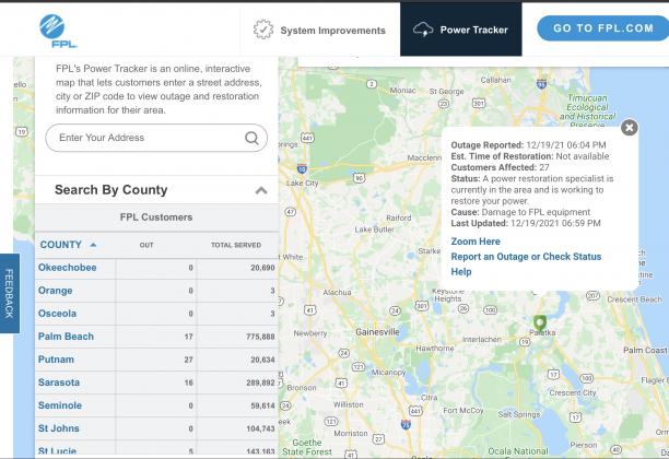 The FPL Power Tracker map reports 27 power outages in Palatka.  