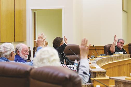 Putnam County Zoning Board of Adjustment members raise their hands Wednesday to vote against the special use permit application request.