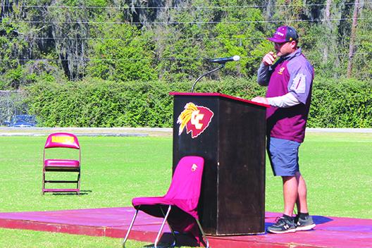 Crescent City Junior-Senior High School athletic director and Class of 1993 classmate Tim Ross pauses for a moment while delivering his memories of Williams. (MARK BLUMENTHAL / Palatka Daily News)
