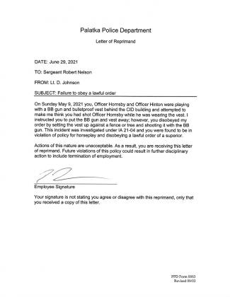 Sgt. Nelson's letter of reprimand