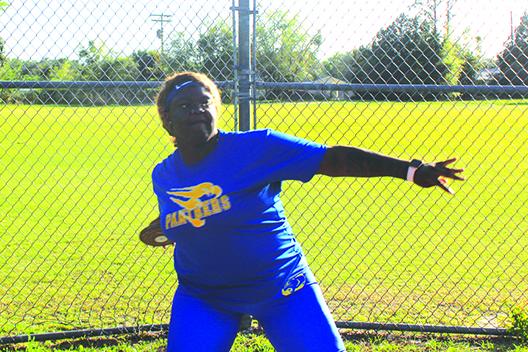 Palatka’s Torryence Poole gets set to uncork a throw during the discus competition at the Senior Night meet at Palatka Junior-Senior High School Tuesday. Poole won the event. (MARK BLUMENTHAL / Palatka Daily News)