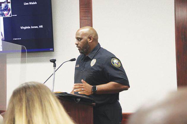 Palatka Police Chief Jason Shaw presents recently compiled crime statistics at Thursday's City Commissioners meeting.
