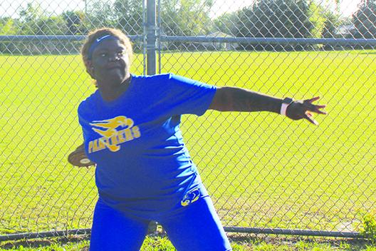 Palatka’s Torryence Poole will compete in both the discus and shot put, where she is the defending state champion, at the FHSAA 2A championship in Gainesville on Thursday. (MARK BLUMENTHAL / Palatka Daily News)