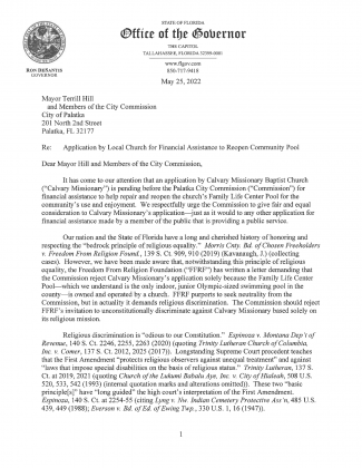 This is the letter that Governor DeSantis' general counsel sent to Palatka commissioners.