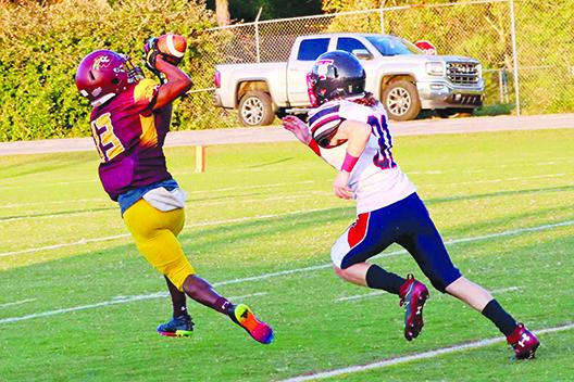 Crescent City’s Brandon Padgett hauls in a 37-yard touchdown pass from Jenkins fin the first period in front of Taylor’s Jacob Braddock. (RITA FULLERTON / Special to the Daily News)