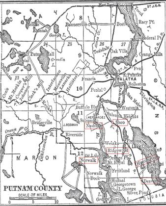 Courtesy of Cherie Nelson Register. A map of Putnam County in 1890 with "ghost towns" outlined in red boxes. 
