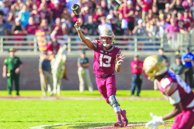 Florida State quarterback Jordan Travis lets a pass go during the Seminoles’ loss to Wake Forest last month at home. The Seminoles have won two straight games. (GREG OYSTER / Special to the Daily News)