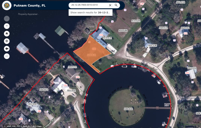 Crescent City man Robert Cartwright is asking to be able to vacate a portion of county-owned property on Bass Drive in South Putnam, which lies in front of his property highlighted in orange.