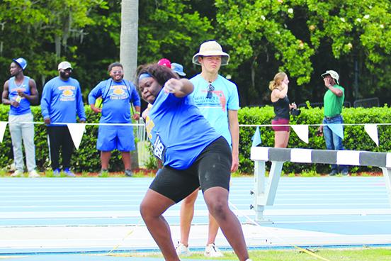 Palatka’s Torryence Poole unloads one of her shot put attempts at the FHSAA 2A championship at the University of Florida on May 12. (MARK BLUMENTHAL / Palatka Daily News)