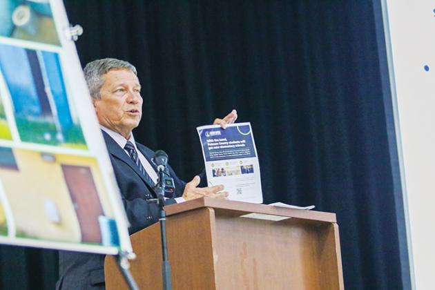 File photo. Putnam County School District Superintendent Rick Surrency explains bond referendums to parents and other residents during a community forum at the former Miller Middle School in Crescent City in August.