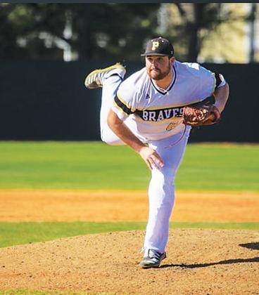 Baseball pitcher Austin Bass, a native of Melrose, is pictured playing for the University of North Carolina at Pembroke Braves.