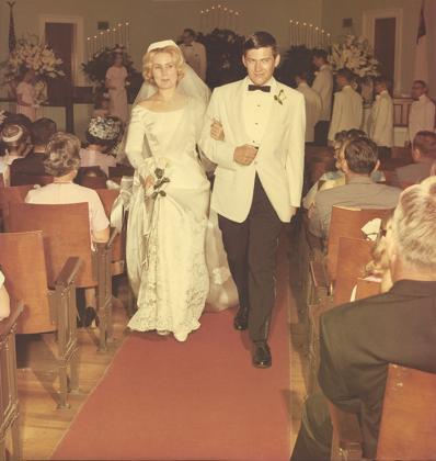 Nancy and Arlie Garrett walk down the aisle of First Baptist Church in Palatka on their wedding day, June 18, 1967.