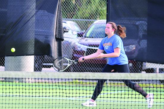 Palatka’s Abby Coulliette reaches for a shot during her first doubles win with partner Natalie France in Thursday’s match with Bradford. (MARK BLUMENTHAL / Palatka Daily News)
