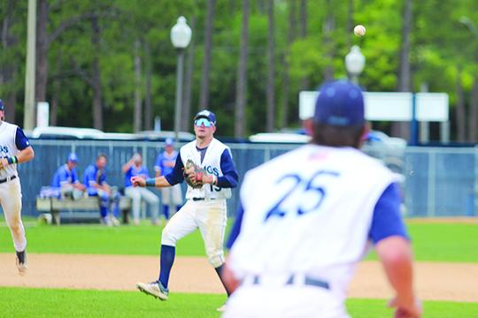 St. Johns River State College shortstop Maverick Stallings (center) throws a strike to first baseman Andon Lewis during Saturday's win against Florida State College-Jacksonville, 13-3. (MARK BLUMENTHAL / Palatka Daily News)