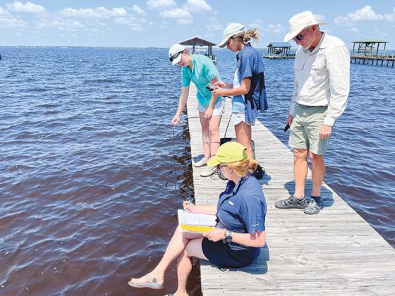 A team from the St. Johns Riverkeeper examines the river in Clay County on Tuesday to determine why aquatic grasses are disappearing.