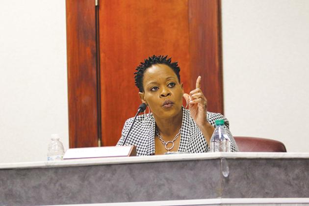 SARAH CAVACINI/Palatka Daily News  Palatka City Commissioner Tammie McCaskill discusses city issues Thursday during a commission meeting.
