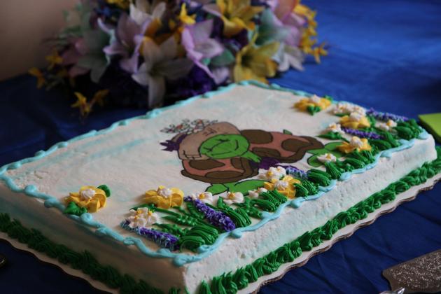 A cake with Katie the tortoise is seen Thursday at an unveiling of the book, "Katie Explores Putnam County."