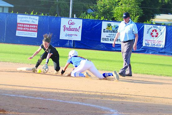  Palatka second baseman Whitney Seebacher gets to the ball to get a first-inning forceout of Keystone Heights’ Alaina Kinsall during Tuesday’s District 3-3A tournament semifinal. (MARK BLUMENTHAL / Palatka Daily News) 