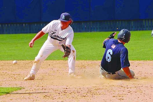 St. Johns River State College’s Nathan Gagnon steals second base as Lenoir Community College second baseman Jacob Strimple takes the throw. (RITA FULLERTON / Special to the Daily News)