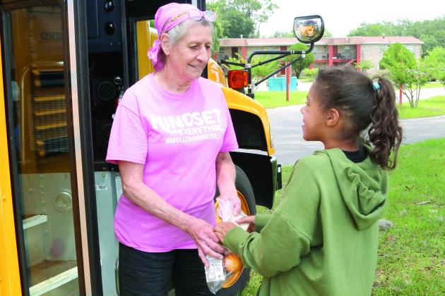 Norma Tyler, left, with the Putnam County food service summer program, hands out a lunch to Isabella, 10, in Palatka. (TRISHA MURPHY/Palatka Daily News)