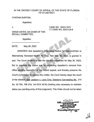 Fifth District Court of Appeal order to stay the results of the Crescent City election.