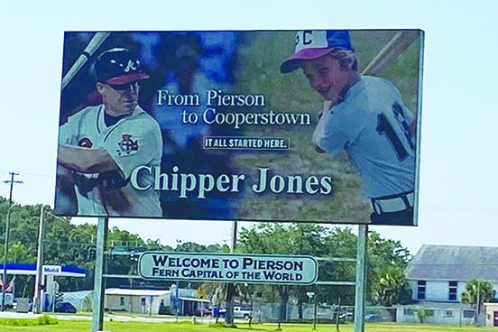 A sign honoring hometown favorite and Baseball Hall of Famer Chipper Jones greets visitors to and through Pierson on US-17, located next to the Northwest Volusia Little League complex. (COREY DAVIS / Palatka Daily News)