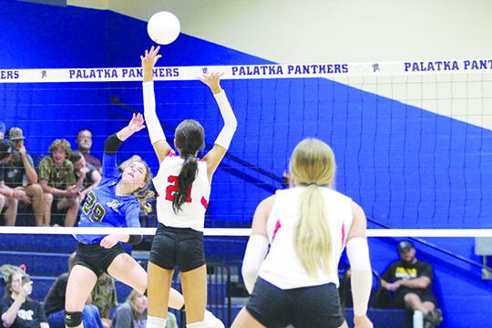 Palatka’s Kenadie Wilkinson delivers a kill attempt against Baldwin’s Laila Gillespie during Tuesday’s match at the John L Williams Athletic Center. (MARK BLUMENTHAL / Palatka Daily News)