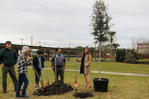 SARAH CAVACINI/Palatka Daily News. A forester with the Florida Forest Service and local Arbor Day enthusiasts prepare to plant a live oak tree Friday on the St. Johns River State College campus in Palatka. 