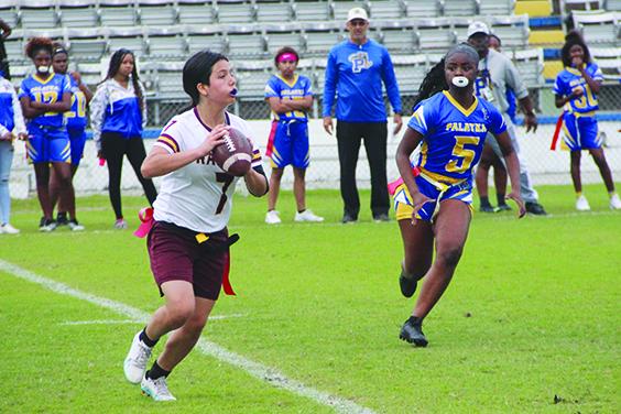 Crescent City’s Kirabella Williams, the Daily News’ Flag Football Player of the Year last year, had two big games at quarterback in wins over Ocala St. John Lutheran and Interlachen. (COREY DAVIS / Palatka Daily News)