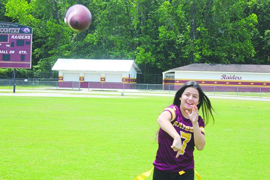 Crescent City flag football quarterback Kirabella Williams finished 18-of-26 passing for 195 yards and two touchdowns against Pierson Taylor on Thursday. (MARK BLUMENTHAL / Palatka Daily News) 