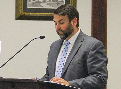 SARAH CAVACINI/Palatka Daily News – Charlie Douglas, the CEO and owner of the Blue Crab Development Group, talks to the Palatka City Commission about his plans to partake in a land swap with the city. 