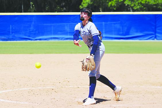 St. Johns River State College pitcher Brooke Strickland delivers a pitch in her team's game one victory over Lake-Sumter State College. (MARK BLUMENTHAL / Palatka Daily News)