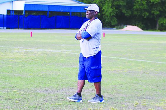 Palatka flag football coach Dale Whitfield reacts to watching Menendez’s Amee Brown returning an interception for a fourth-quarter touchdown. (MARK BLUMENTHAL / Palatka Daily News)