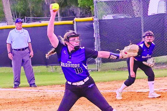 Peniel Baptist Academy's Lexi Peacock threw nine innings in the loss to Daytona Beach Father Lopez, while going 3-for-3 at the plate with two triples. (RITA FULLERTON / Special to the Daily News)