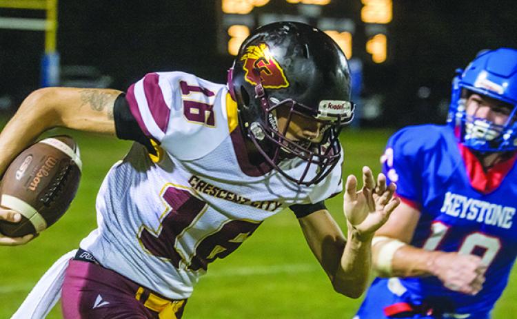Crescent City’s Tryston Price caught a season-high five passes for 87 yards in Friday’s loss at Keystone Heights. (FRAN RUCHALSKI / Palatka Daily News)