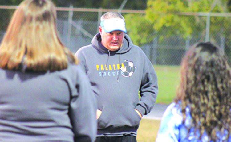 Palatka High girls soccer coach Chad Shryock addresses his team during halftime of a Nov. 19 game against Interlachen. The Panthers open up play in the District 3-4A tournament at Orange Park Ridgeview tonight. (MARK BLUMENTHAL / Palatka Daily News)