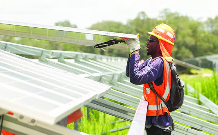 A worker with Florida Power & Light installs solar panels at the Horizon Solar Facility in Hawthorne.