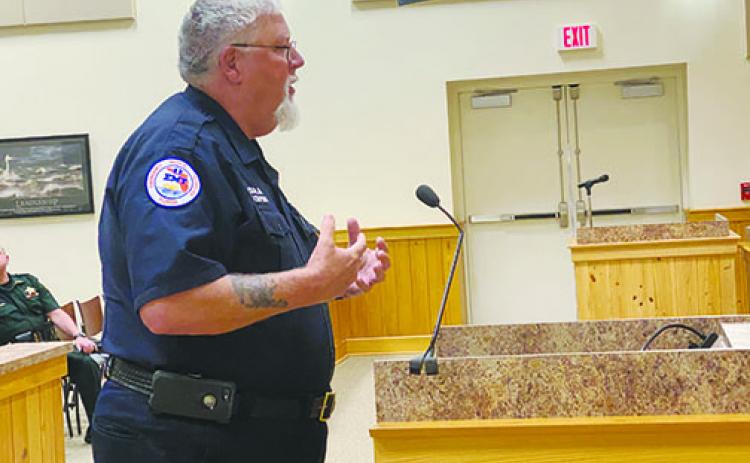 Former Putnam County firefighter John Chapman addresses the Board of County Commissioners at Tuesday’s workshop, where he talked about the working conditions of local emergency workers.